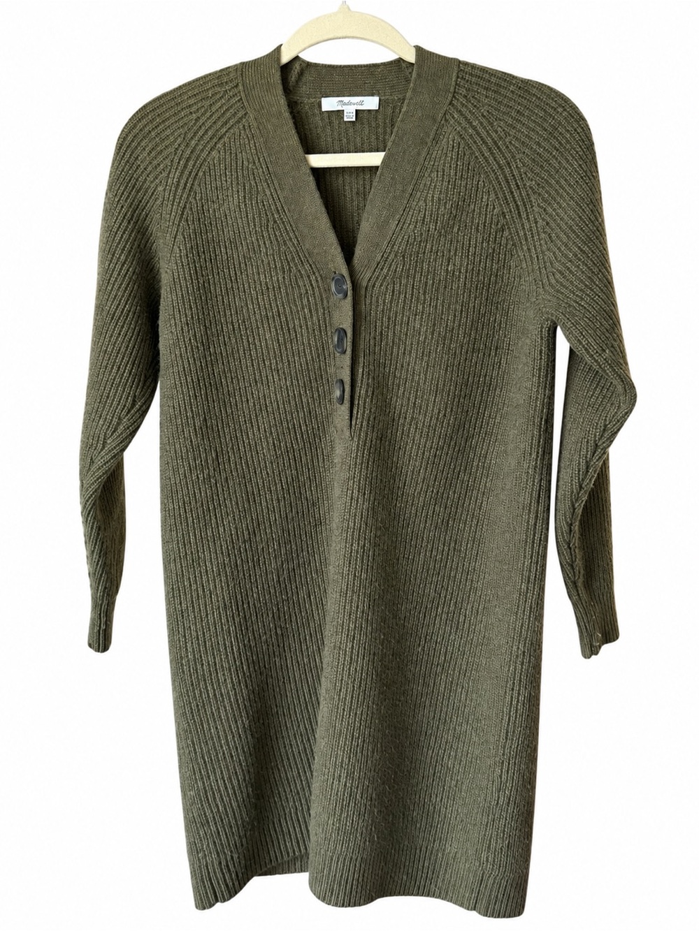 Madewell Olive Green Ribbed Knit Henley Sweater Dress XXS Long Sleeve